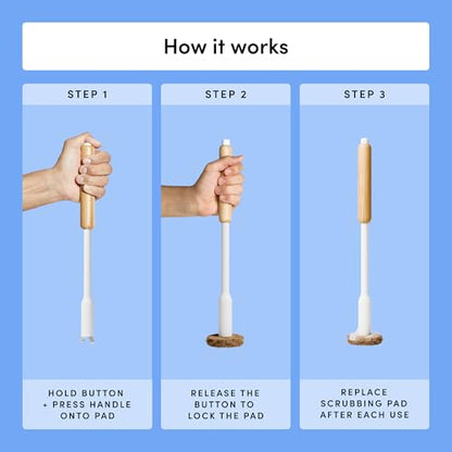TUSHY Toilet Brush 2.0 Set with Holder, 8 Coconut Husk Scrubbing Pads | Cleanser-Infused and Disposable, Planet Friendly Refills in Lemon and Tea Tree Scents