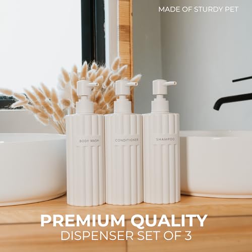 Stylish Shampoo & Conditioner Dispenser Set of 3 - Fluted 19oz Bottles | Modern Shower Soap Bottles - Easy to Refill Body Wash Dispensers for an Instant Bathroom Decor Upgrade