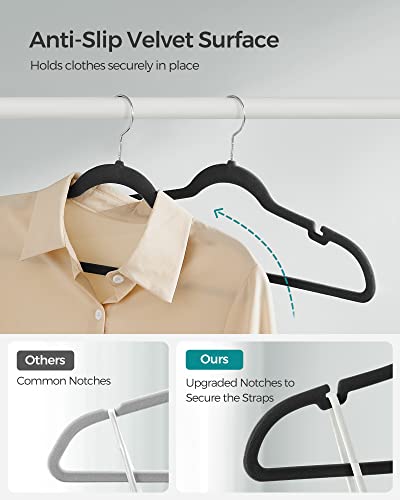 SONGMICS Velvet Hangers 50 Pack, Non-Slip Clothes Hangers, with Shoulder Notches, Pants Bar, 360° Swivel Hook, Space-Saving, for Closet, Ink Black UCRF029B05