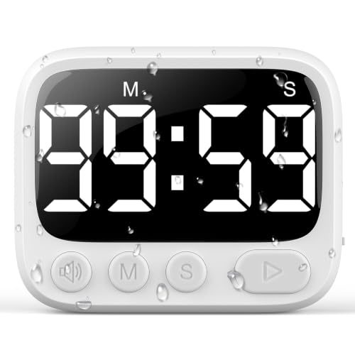 HAUKINIX Shower Timer Waterproof Bathroom Toilet Timer Digital Kitchen for Wall Mount, Study w/Foldable Stand, Countdown Stopwatch w/Suction Cup for Swim, Rechargeable, White