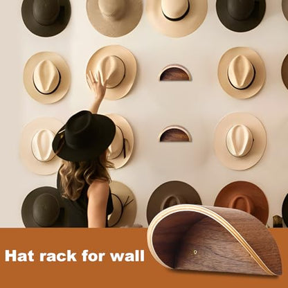 Walnut Wood Cowboy Hat Rack for Wall, 2-Pack | Retro Western Hat Holder with Wide Curve Design to Preserve Shape and Prevent Brim Damage, for Entryway, Mudroom or Closet