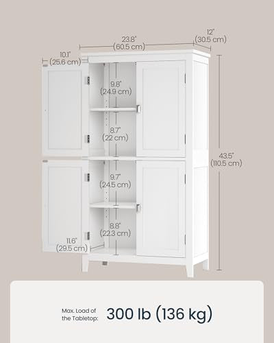 SONGMICS HOME Freestanding Storage Cabinet, Floor Cabinet with Elevated Legs, Metal Handles, for Living Room, Kitchen, Bathroom, White