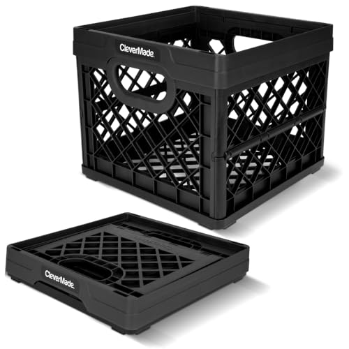 CleverMade Collapsible Milk Crate, 25L Storage Crate, Holds 50 lb, Obsidian | Organize Files, Groceries, and Gear in One Crate | Built-In Rails Hold Letter Folders, While the Frame Stacks Securely