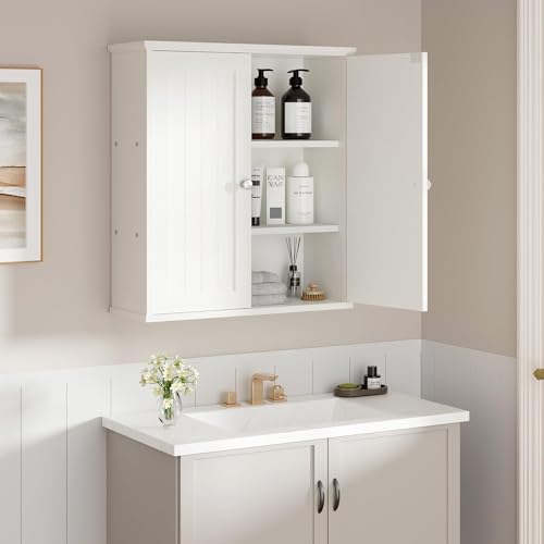 Shintenchi Bathroom Wall Medicine Cabinet, Over The Toilet Storage, White | Bathroom Storage Organizer Cupboard, with 2 Magnet Door and 3-Tier Shelves, Space Saving, Easy to Assemble & Clean