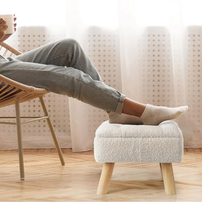 Storage Ottoman, Small Foot Stool Ottoman with Storage, Boucle Teddy Velvet Foot Rest with Padded Seat, Sturdy Wood Legs Stool for Living Room, Bedroom, Couch, Enterway (Cream)