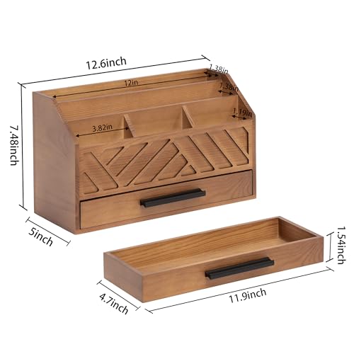 Brown Wood Desk Organizer and Accessories with Drawer, Bill Mail Organizer and File Mail Holder for Office Supplies, Modern Desk Accessories & Workspace Organizers for Desk Organization
