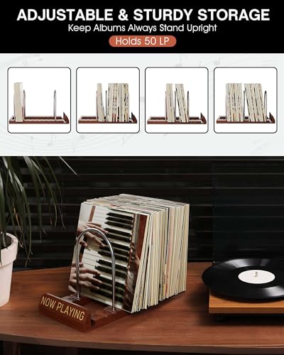 Now Playing Vinyl Record Holder Storage Fits 50 LPs, Gift Package | Display Your Now Playing Record, Assembles in Seconds, Doubles as a Magazine & Book Rack, Premium Wood, Non-Slip Grooves