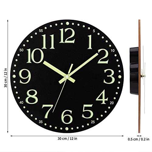 Wall Clock Glow in the Dark Clocks Battery Operated Silent 12 Inch | Black Wood Wall Clock Non-Ticking Analog Luminous Clock for Living Room Bedroom Office Kitchen Classroom Bathroom