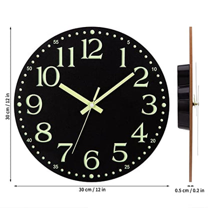Wall Clock Glow in the Dark Clocks Battery Operated Silent 12 Inch | Black Wood Wall Clock Non-Ticking Analog Luminous Clock for Living Room Bedroom Office Kitchen Classroom Bathroom
