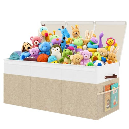 150L Extra Large Toy Storage Box with Lid for Boys Girls Nursery Playroom | Collapsible with Lid, Removable Divider, 40"x14"x16", Side Pockets, For Nursery, Living Room, Playroom