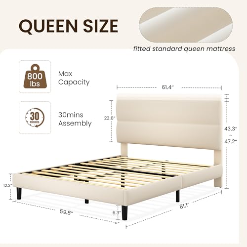Queen Size Platform Bed Frame with Velvet Headboard, Adjustable Height Wooden Slats Support, Upholstered Mattress Foundation, Fits Mattress or Mattress with Box Spring, Easy Assembly, Beige