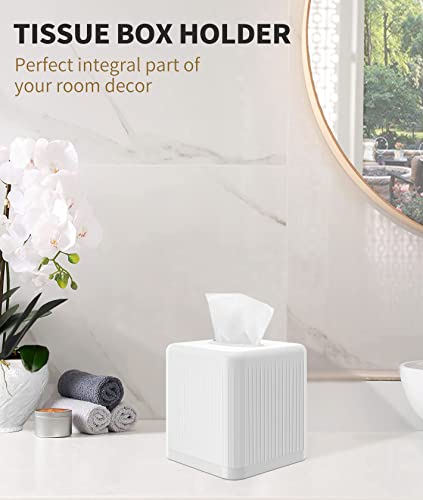 Tissue Box Cover with Base, Square Plastic Tissue Box Holder Decorative Tissue Cover Modern Cube Facial Tissue Dispenser for Bathroom Vanity Countertop, Living Room, Bedroom, Office - White