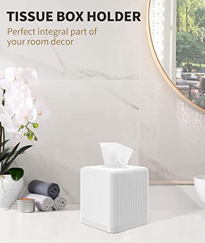 Tissue Box Cover with Base, Square Plastic Tissue Box Holder Decorative Tissue Cover Modern Cube Facial Tissue Dispenser for Bathroom Vanity Countertop, Living Room, Bedroom, Office - White