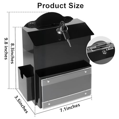 Metal Suggestion Box with Magnetic Sign Holder, Black Donation Box | 2 Extra Side Spaces, Wider 3.9in Slot for Convenient Drop, Secure Lock with 2 Keys, Wall Mounted or Tabletop, Diversified Use