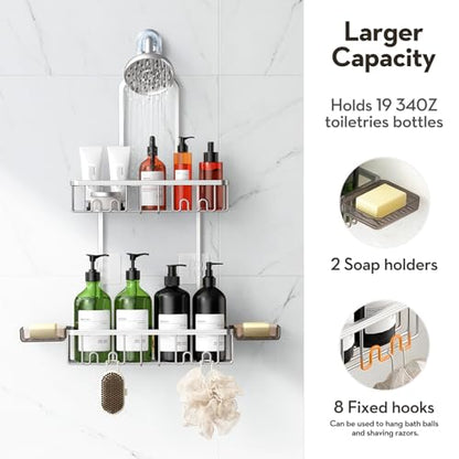 Shower Caddy Hanging, Never Rust Shower Organizer Hanging, Aluminum Shower Racks for Inside Shower with Hooks for Razor, Bathroom Organizers and Storage with Soap Holder, Bright Silver