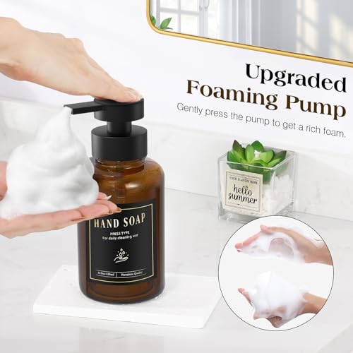 Luxspire Glass Foaming Soap Dispenser 15oz Hand Soap Bottle, Amber, 2 Pack | Anti-drip pump, wide mouth easy refill, non-slip silicone base, 5 waterproof labels, refillable glass for hand dish soap