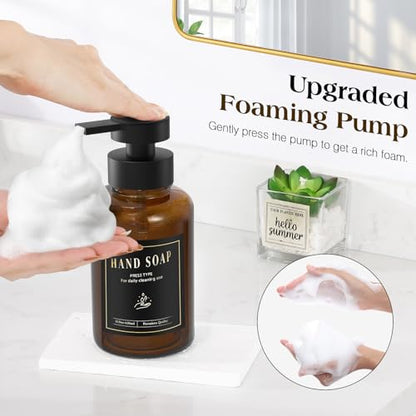 Luxspire Glass Foaming Soap Dispenser 15oz Hand Soap Bottle, Amber, 2 Pack | Anti-drip pump, wide mouth easy refill, non-slip silicone base, 5 waterproof labels, refillable glass for hand dish soap
