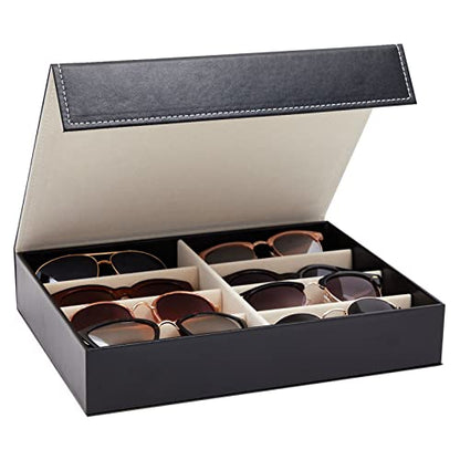 Juvale Glasses Case Organizer - 8-Slot, 12.6 x 9.8 x 2.5 in, Black Faux Leather - Sunglasses Storage & Holder for Nightstand & Desk - Flip-Top Display Case