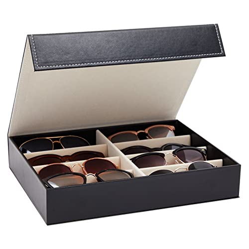 Juvale Glasses Case Organizer - 8-Slot, 12.6 x 9.8 x 2.5 in, Black Faux Leather - Sunglasses Storage & Holder for Nightstand & Desk - Flip-Top Display Case