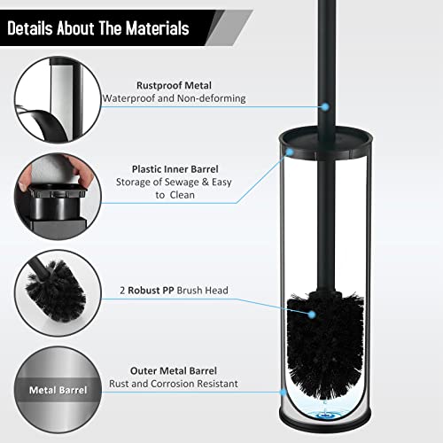 BGL Stainless Steel Toilet Brush with Holder, 2 Black Bristle Heads