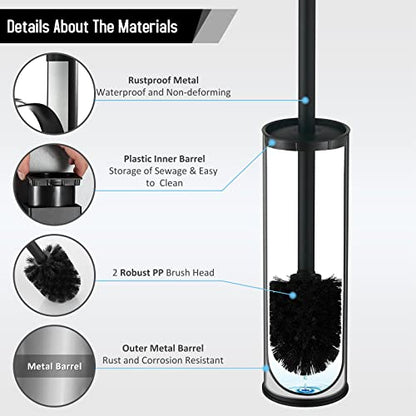 BGL Stainless Steel Toilet Brush with Holder, 2 Black Bristle Heads