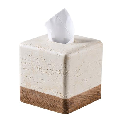 Natural Travertine Match Wooden Square Tissue Box Cover Decorative,Resin Heavy Sturdy Tissue Box Holder, Facial Paper Holder for Bathroom Vanity Countertop, Bedroom Night Stand,Office and End Table