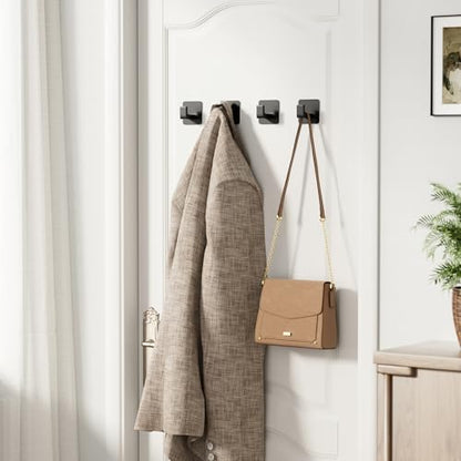 GWAAZXGZ Square Self Adhesive Towel Hooks - 4 Pack Matte Black Metal Hooks, Right-Angle Design for Towels, Robes & Hats, Organize Bathroom, Kitchen, Entryway, Doors, Cabinets on Smooth Surfaces