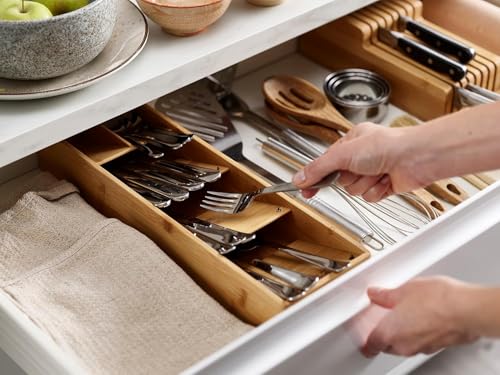 Joseph Joseph DrawerStore Compact Utensil Organizer For Kitchen Drawer Silverware, Flatware Tray, Small, Bamboo
