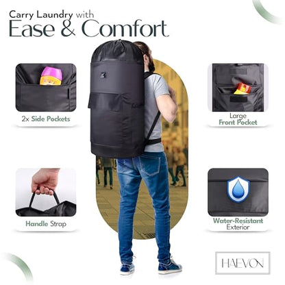 HAEVON Heavy Duty Laundry Backpack, Black | Padded Straps, Removable Liner