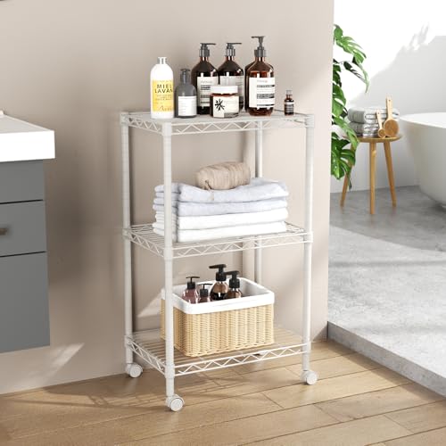 SINGAYE 3 Shelves Storage Shelf Wire Shelving Unit Metal Adjustable Wheels | Small Shelf Storage with Wheels Organizers Closet Unit for Bathroom Laundry Room Kitchen Pantry11.5D x 17.5W x 30.5H White