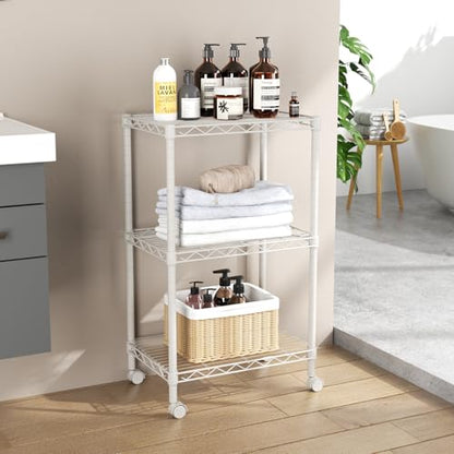 SINGAYE 3 Shelves Storage Shelf Wire Shelving Unit Metal Adjustable Wheels | Small Shelf Storage with Wheels Organizers Closet Unit for Bathroom Laundry Room Kitchen Pantry11.5D x 17.5W x 30.5H White