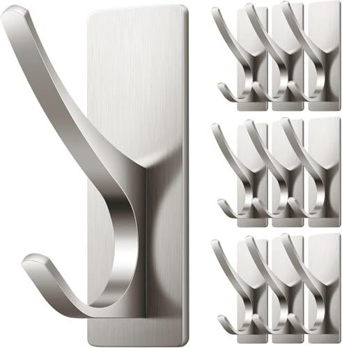 10 Pack Self Adhesive Towel Hooks: Extra Strong 13LB, Stainless Hook for Hanging Loofah, Towels, Coat, Bath Robe Bathroom Shower, Brushed Nickel