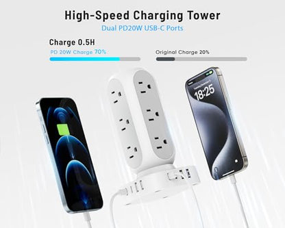 Flat Plug Power Strip Tower, TenTrend 40W Total Fast Charging Station, 10FT | 12 AC Outlets & 8 USB Ports (4 USB C), Dual PD 20W, Long Extension Cord for Desk Office Dorm Room