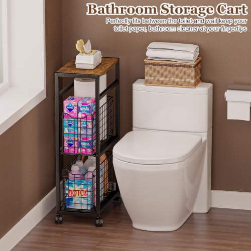 Hongtamoya 3 Tier Laundry Room Cart with Pull-Out Baskets, Utility Slim Storage Cart with Wheels Small Rolling Cart with Wood Top Metal Narrow Bathroom Laundry Room Organization Trolley, Black