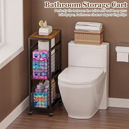 Hongtamoya 3 Tier Laundry Room Cart with Pull-Out Baskets, Utility Slim Storage Cart with Wheels Small Rolling Cart with Wood Top Metal Narrow Bathroom Laundry Room Organization Trolley, Black