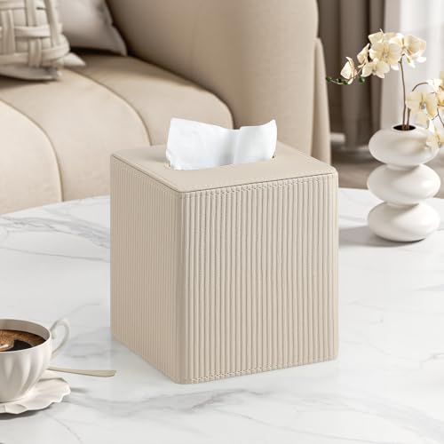 PU Leather Square Tissue Box Cover Tissue Box Holder Cube (Beige) | Magnetic Bottom, Soft Velvet Lining, Decorative Modern Design, Aesthetic Stripes, For Bathroom