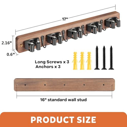 IMILLET Broom Holder Wall Mount, Rustic Broom Hanger for Laundry Room | Wood Broom and Mop Organization and Storage, Mop Holder for Home Decor, Garden, Garage, Closet, 5 Racks and 4 Hooks, Brown