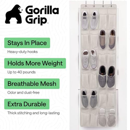 GORILLA GRIP Over the Door Shoe Organizer, 24 Large Breathable Mesh Pockets, Space Saving Hanging Storage Holder, Closet Rack Hanger Holds Up to 40 lbs, Hangs on Closets for Shoes, Accessories, Linen