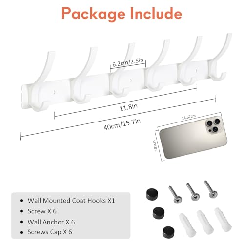Optish Coat Rack Wall Mount, Coat Hook Wall Mount, Wall Hooks for Hanging, Hat Rack for Walls, Coats Hanger with 12 Hook, Towel Hooks for Bathrooms (2 Pack, White)