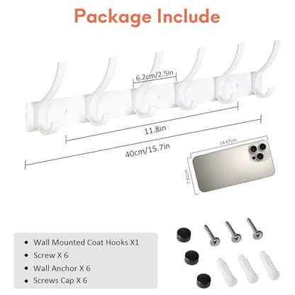 Optish Coat Rack Wall Mount, Coat Hook Wall Mount, Wall Hooks for Hanging, Hat Rack for Walls, Coats Hanger with 12 Hook, Towel Hooks for Bathrooms (2 Pack, White)