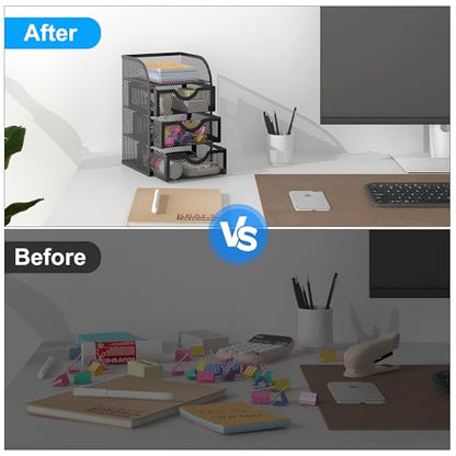 EasyPAG Mesh Desk Organizer with 3 Drawer Office Desktop Organizers and Accessories Stationery Caddy for Office, Home, Students, Black