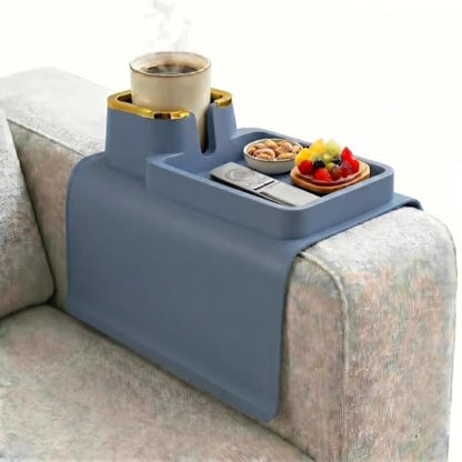 Luxury Gold Trim Couch Cup Holder Tray - Weighted Anti-Spill Navy Blue Silicone Sofa Armrest Organizer, Non-Slip Recliner Tray Table for Drinks, Remote, Phone - Fits Most Couch Arms