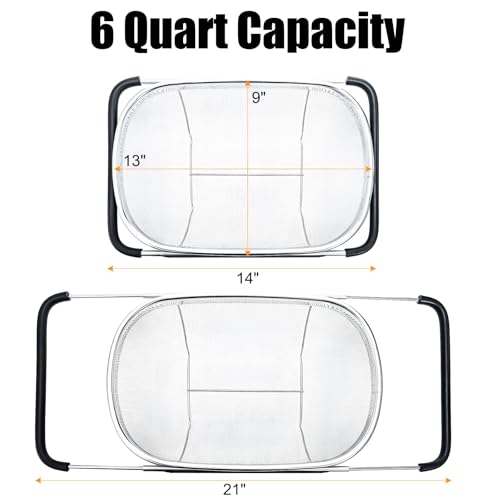 2 Pack Over the Sink Oval Colander for Kitchen, Stainless Steel Fine Mesh 6 Quart Strainer Basket with Expandable Rubber Grip Handles for Straining, Draining, Rinsing Fruits, Vegetables