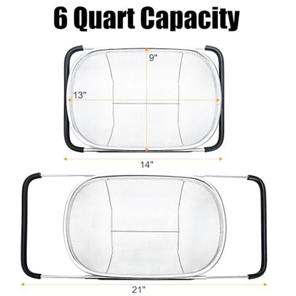 2 Pack Over the Sink Oval Colander for Kitchen, Stainless Steel Fine Mesh 6 Quart Strainer Basket with Expandable Rubber Grip Handles for Straining, Draining, Rinsing Fruits, Vegetables