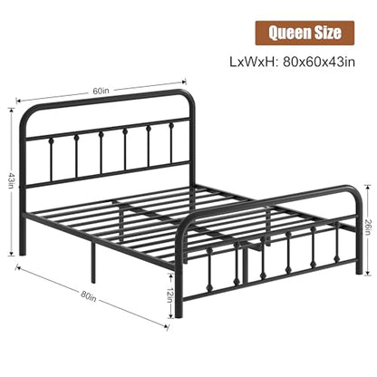 Shintenchi Queen Size Metal Platform Bed Frame with Headboard & Footboard, Steel Slat Mattress Foundation, Under Bed Storage, Noise-Free, No Box Spring Needed, Black Round