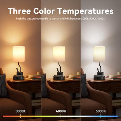 Bedside Lamps for Bedroom Set of 2 - Table Desk Lamp for Nightstand | 15" Table Lamp for Living Room with Pen Holder & Phone Stand, USB A+C Port, AC Outlet, 3 Color Temperature, LED Bulb Included