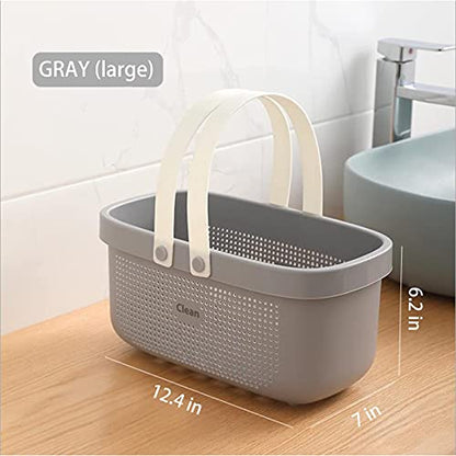 Plastic Storage Basket with Handle Portable Shower Caddy Tote Organizer Basket Bin for Bathroom Kitchen Dorm Room Bedroom, Gray | Sturdy Drainage Large Capacity Organizer Basket with Silicone Handles for Bathroom Kitchen Bedroom College Dorm Essentials