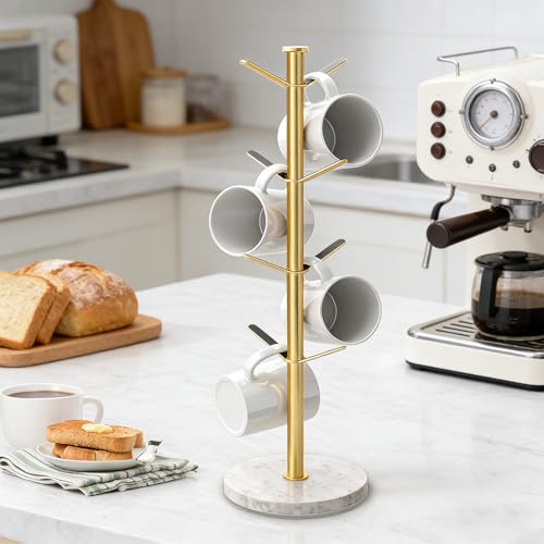 Gold Mug Holder Tree with Marble Base, 8 Hooks Standard Coffee Cups | Mug Holder Stand, Small Mug Rack for Kitchen Cafe Counter