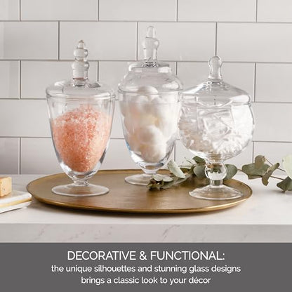 Elements Clear Glass Apothecary Jar Set of 3 with Lids - Decorative Glass Jars for Bathroom, Kitchen, Pantry Storage - Handcrafted, Graduated Heights 10, 9.5, 8.5 In
