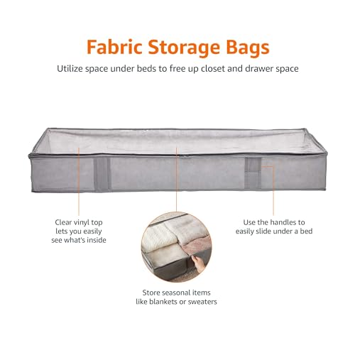 Amazon Basics Under Bed Storage Bags for Clothes and Blankets, Foldable Fabric Zipper Container with Clear Window and Reinforced Handles, Space Saving, 18 x 42 x 6 inches, Gray, 2-Pack